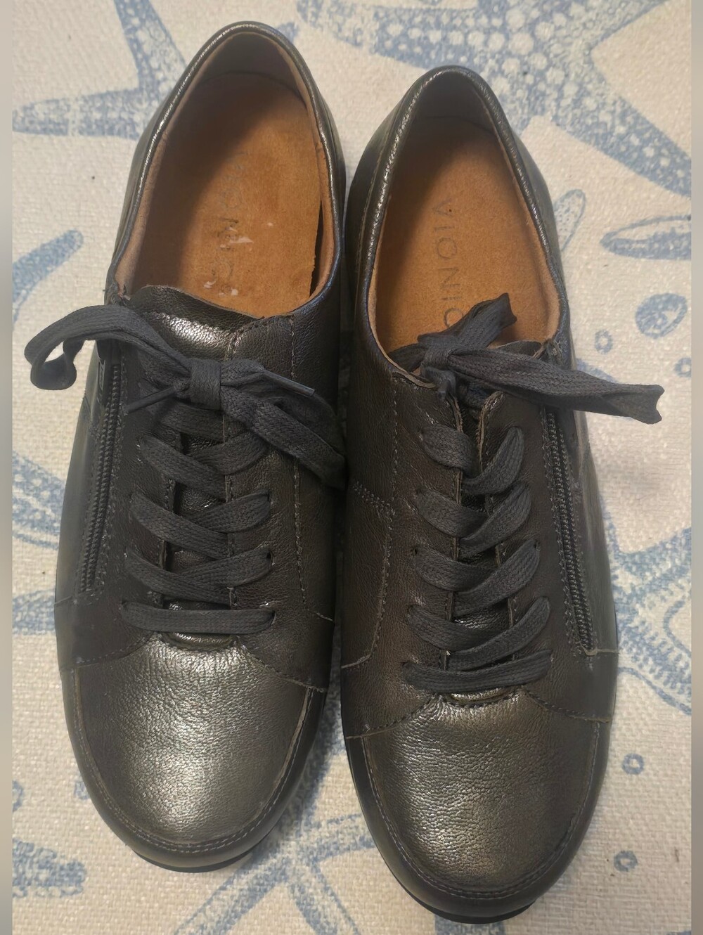 Vionic Abigail Comfort Leather Lace-Up Sneakers & Side Zippers, Women's 9 Wide